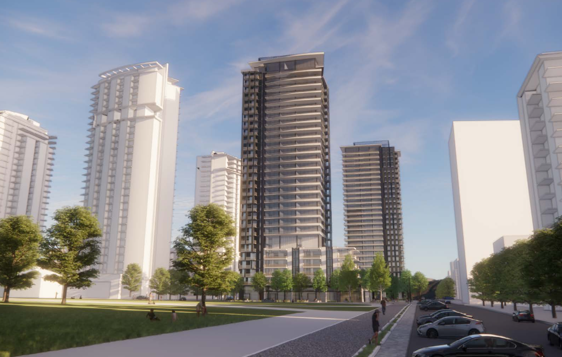 A rendering of two towers on Mountain highway.
