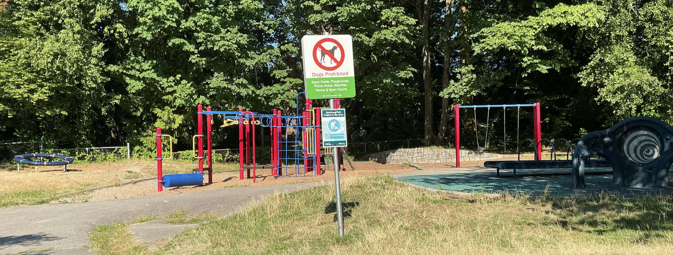 Playground with climbing structures and swings at a North Vancouver park, with a “Dogs Prohibited” sign in the foreground.